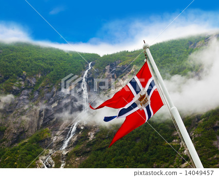 Norway flag and waterfall Norway flag and waterfall 14049457