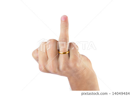 Hand showing middle finger with wedding ring Hand showing middle finger with wedding ring 14049484