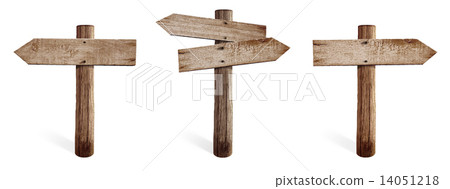 Old wooden road sign set including right, left and both sides arrows isolated Old wooden road sign set including right, left and both sides arrows isolated 14051218