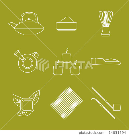 various outline japan tea ceremony equipment icons set. 14051594