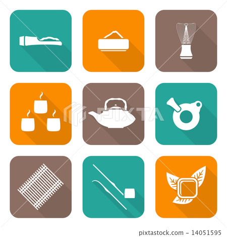 various white color flat style japan tea ceremony equipment icons set. various white color flat style japan tea ceremony equipment icons set. 14051595
