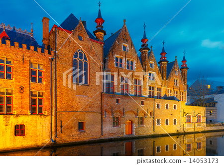 Brugse Vrije and the Green canal in Bruges at night 14053173