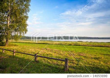 Old wooden fence and trees on the lake coast Old wooden fence and trees on the lake coast 14053890