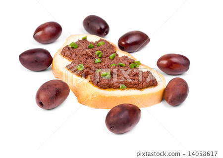 fresh olive paste made from kalamata olives on bread 14058617