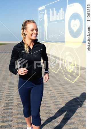 Composite image of fit blonde jogging on the pier Composite image of fit blonde jogging on the pier 14061236
