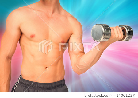 Composite image of fit shirtless man lifting dumbbell 14061237
