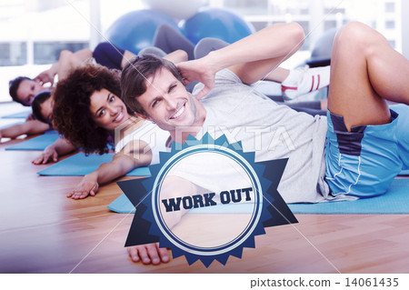 The word work out and people doing pilate exercises 14061435