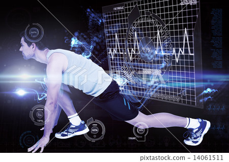 Composite image of side view of a young man in ready to run post 14061511