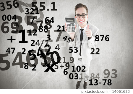 Composite image of geeky smiling businessman showing calculator 14061623