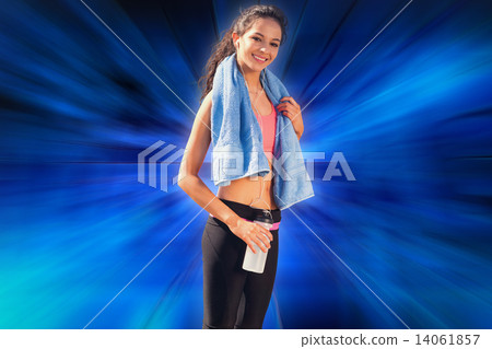 Composite image of beautiful smiling healthy woman with water bo Composite image of beautiful smiling healthy woman with water bo 14061857
