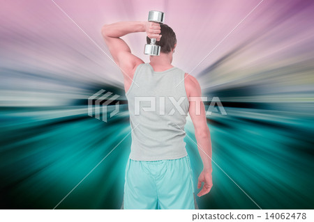 Composite image of rear view of a man exercising with dumbbell Composite image of rear view of a man exercising with dumbbell 14062478