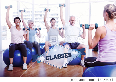 The word classes and fitness class with dumbbells The word classes and fitness class with dumbbells 14062951