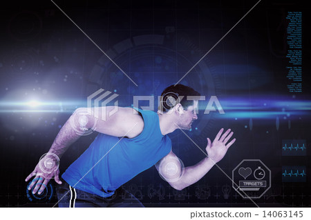 Composite image of side view of a young sporty man running 14063145