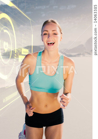 Composite image of fit woman smiling and jogging on the beach Composite image of fit woman smiling and jogging on the beach 14063385