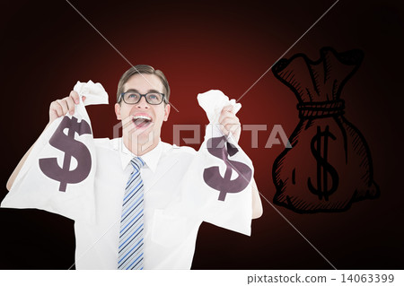 Composite image of geeky happy businessman holding bags of money Composite image of geeky happy businessman holding bags of money 14063399