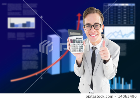 Composite image of geeky smiling businessman showing calculator 14063496