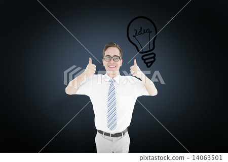 Composite image of geeky happy businessman showing thumbs up 14063501