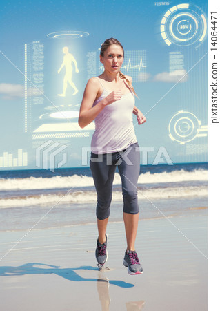 Composite image of focused fit blonde jogging on the beach Composite image of focused fit blonde jogging on the beach 14064471