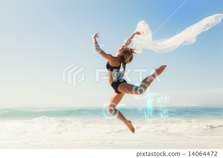Composite image of fit blonde jumping gracefully with scarf on t Composite image of fit blonde jumping gracefully with scarf on t 14064472