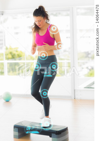 Composite image of full length of a fit woman performing step ae 14064478