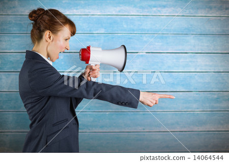 Composite image of businesswoman with loudspeaker Composite image of businesswoman with loudspeaker 14064544
