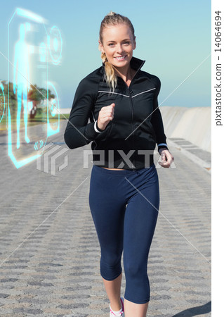 Composite image of fit blonde jogging on the pier 14064694