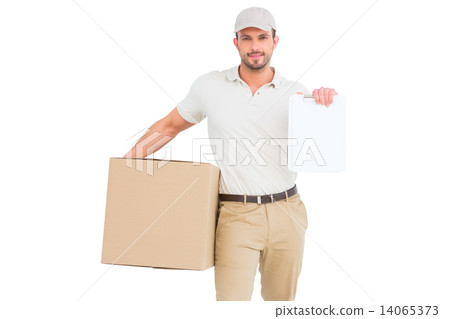 Delivery man with cardboard box showing clipboard 14065373