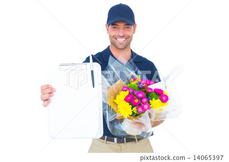 Flower delivery man showing clipboard 14065397