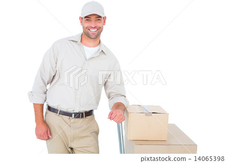 Confident delivery man with cardboard boxes 14065398