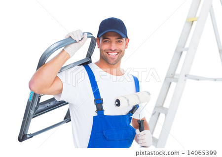 Happy handyman with chair and paint roller on white background 14065399