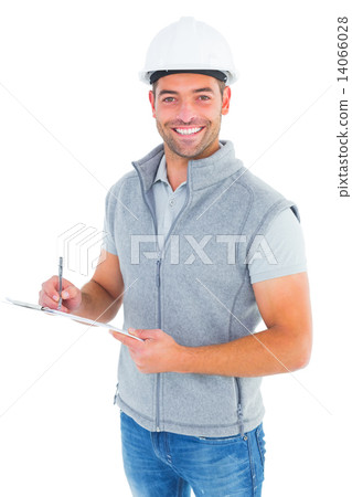 Portrait of smiling supervisor writing on clipboard Portrait of smiling supervisor writing on clipboard 14066028