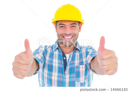 Smiling manual worker gesturing thumbs up 14066185