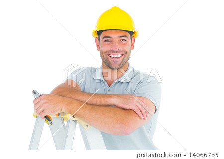 Happy repairman with pliers on ladder Happy repairman with pliers on ladder 14066735