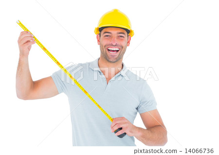 Portrait of cheerful carpenter holding tape measure Portrait of cheerful carpenter holding tape measure 14066736