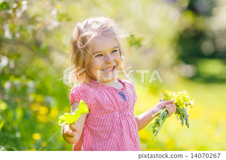 Happy little girl in spring sunny park 14070267