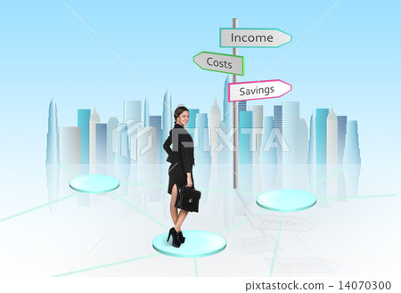 Busineswoman think near road-sign Busineswoman think near road-sign 14070300
