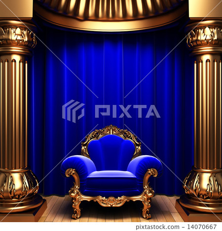 blue velvet curtains, gold columns and chair 14070667