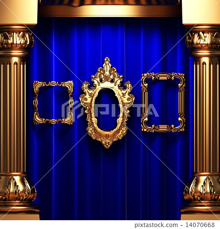 blue curtains, gold columns and frames blue curtains, gold columns and frames 14070668