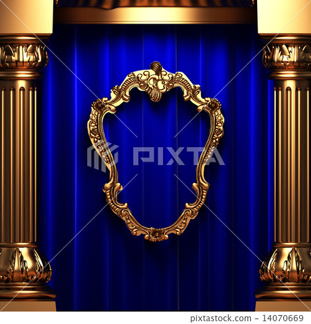 blue curtains, gold columns and frames 14070669