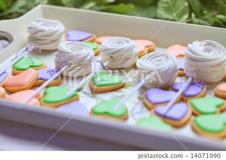 heart-shaped cookies and marshmallow on the tray 14071990