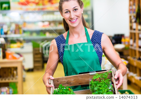 Corner shop clerk filling up storage racks Corner shop clerk filling up storage racks 14074313