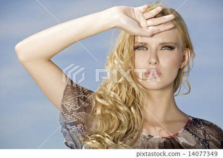 beautiful girl on background blue sky beautiful girl on background blue sky 14077349