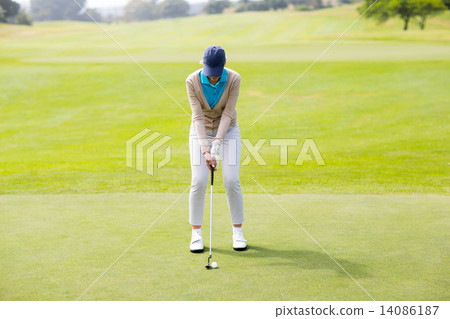 Female golfer putting her ball Female golfer putting her ball 14086187