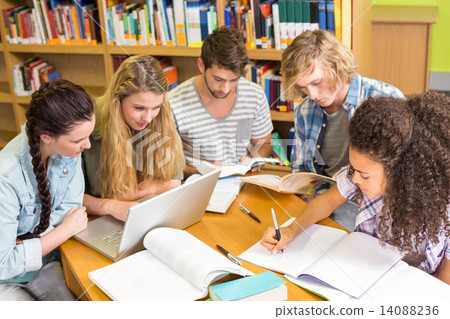 College students doing homework in library 14088236