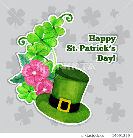 St.patrick day greeting card with hat, flowers and clover 14091259
