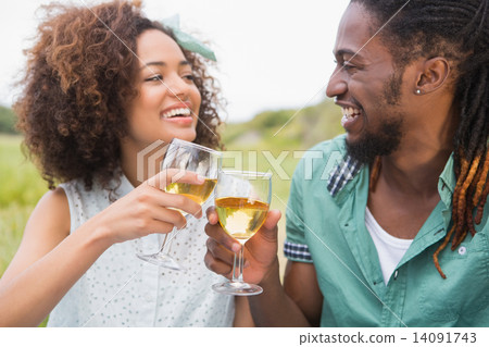 Young couple on a picnic drinking wine 14091743