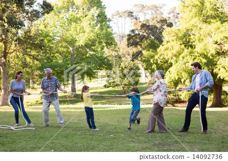 Extended family having tug of war 14092736