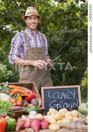 Farmer selling organic veg at market Farmer selling organic veg at market 14093383