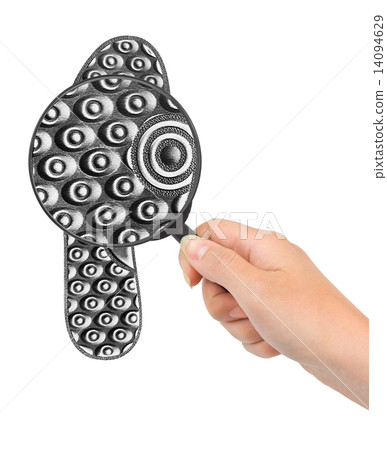 Magnifying glass in hand and shoe printout 14094629