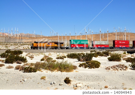 Wind power generation and long-distance train near California Palm Springs 14094943